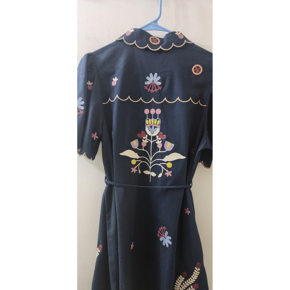 MABLE Navy Blue Embroidered‎ Scalloped Linen Blend Mini Shirt Dress MD4896A M - Picture 8 of 10